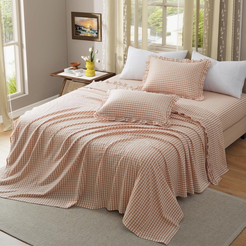 KKJIAF 4 Pieces Plaid Ruffle Queen Bed Sheets, Cotton Gingham Queen Bed Sheet Set Linen Feel Comfy Breathable Ruffed Plaid Bed Sheets with 16 Inch Deep Pocket, Light Pink - Image 2