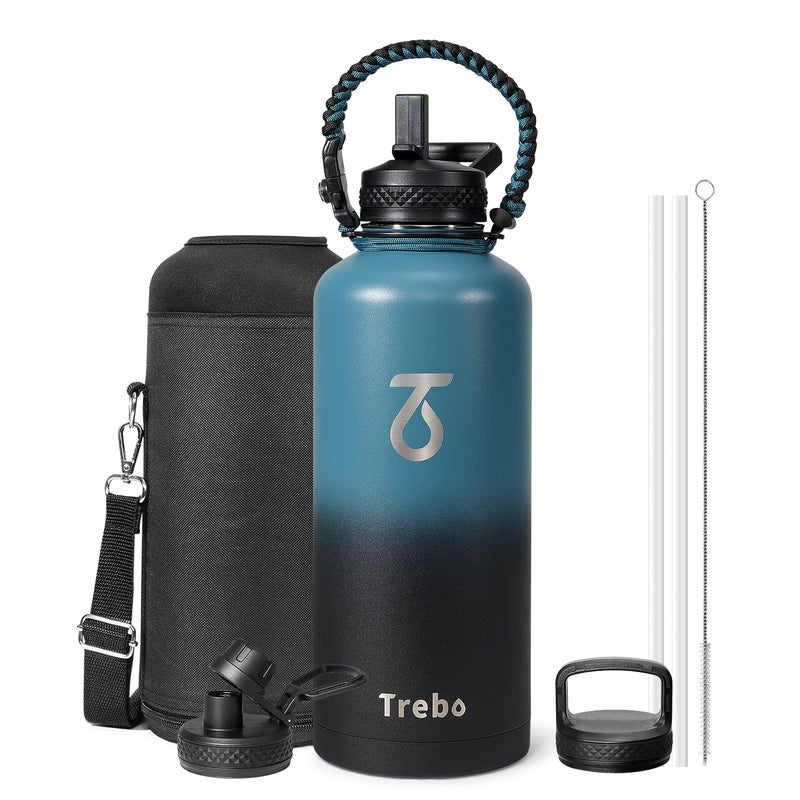 Trebo Water Bottle Insulation 87 oz Vacuum Stainless Steel Water Jug Keep Cold for 48 Hrs LeakProof NonBPA Water Flask with Paracord Handle Straw Spout Lids IndigoBlack