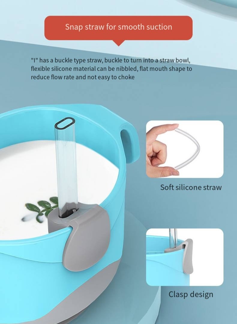 أطفال الهوغوز أدوات المائدة الخاصة بالأطفال المزودة بأكواب الشفط إناء الطعام التكميلي حساء الأطفال إناء القش إناء 3 في 1 (الأزرق) - Image 4