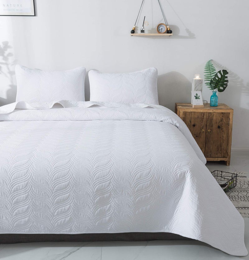 SUFUEE Quilt Set 3 Piece White Full/Queen Size Pattern Bedspread - Soft Microfiber Lightweight Coverlet for All Season (100"x106" Includes 1 Quilt, 2 Shams) - Image 1