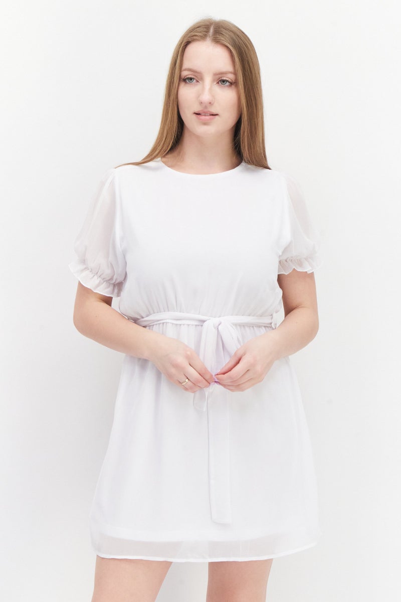 NA-KD Women Plain Tie Waist Mini Dress, White - Image 1