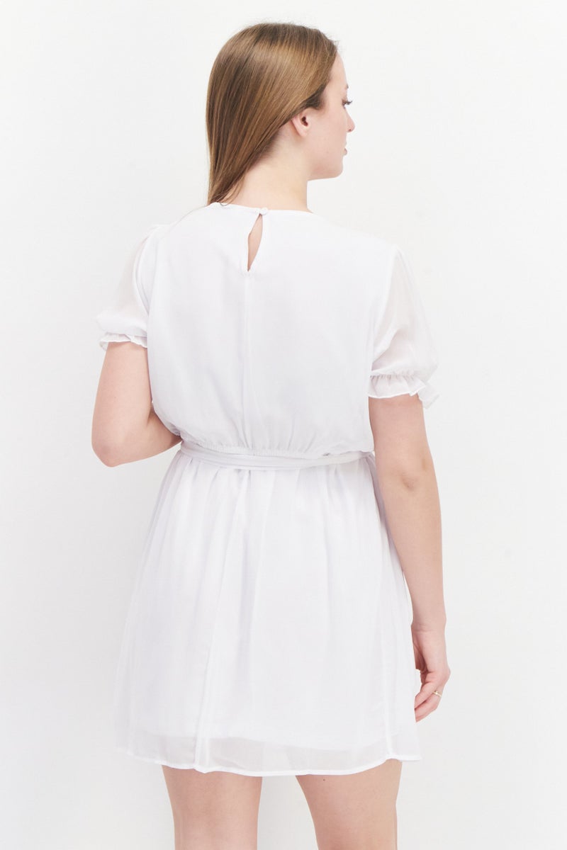 NA-KD Women Plain Tie Waist Mini Dress, White - Image 2