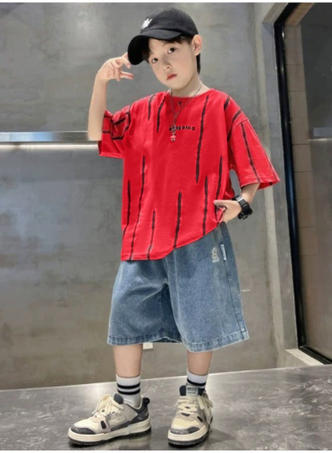 Boys' Summer Outfit With Vertical Stripe Short-sleeve T-shirt Set New Model For Older Children, Summer Denim Shorts Two-piece Set For Kids
