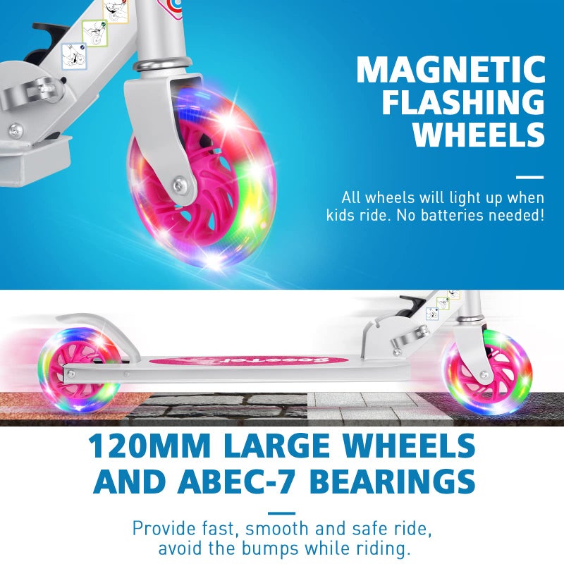 BELEEV سكوتر بيلييف V1 للأطفال للفتيات، سكوتر قابل للطي بعجلتين مع عجلات مضيئة، 3 ارتفاعات قابلة للتعديل، سكوتر خفيف الوزن مع قاعدة للأطفال من 3 إلى 12 عامًا (وردي) - Image 2