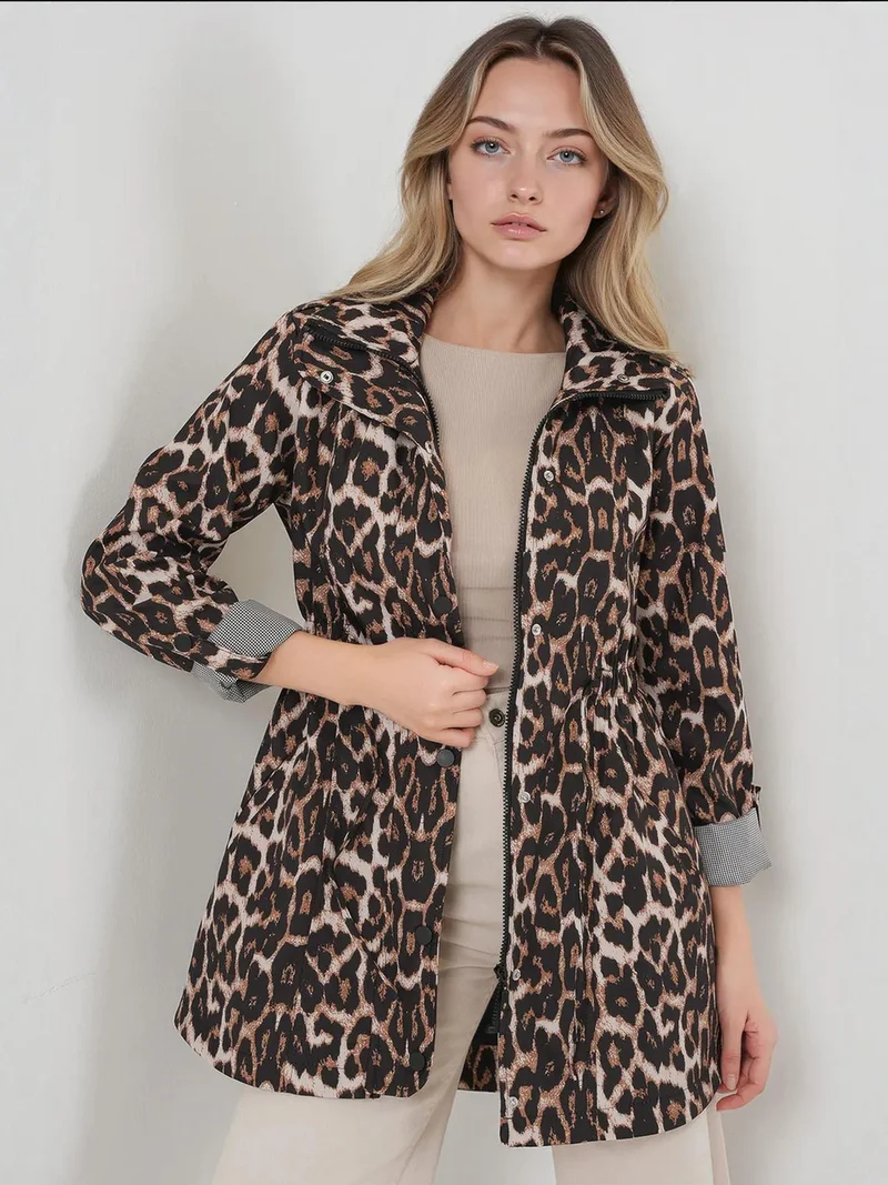 BIG DART BDART Leopard Print Trench Coat with Drawstring Closure