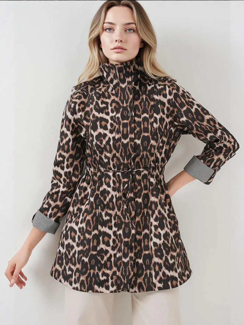 BIG DART BDART Leopard Print Trench Coat with Drawstring Closure
