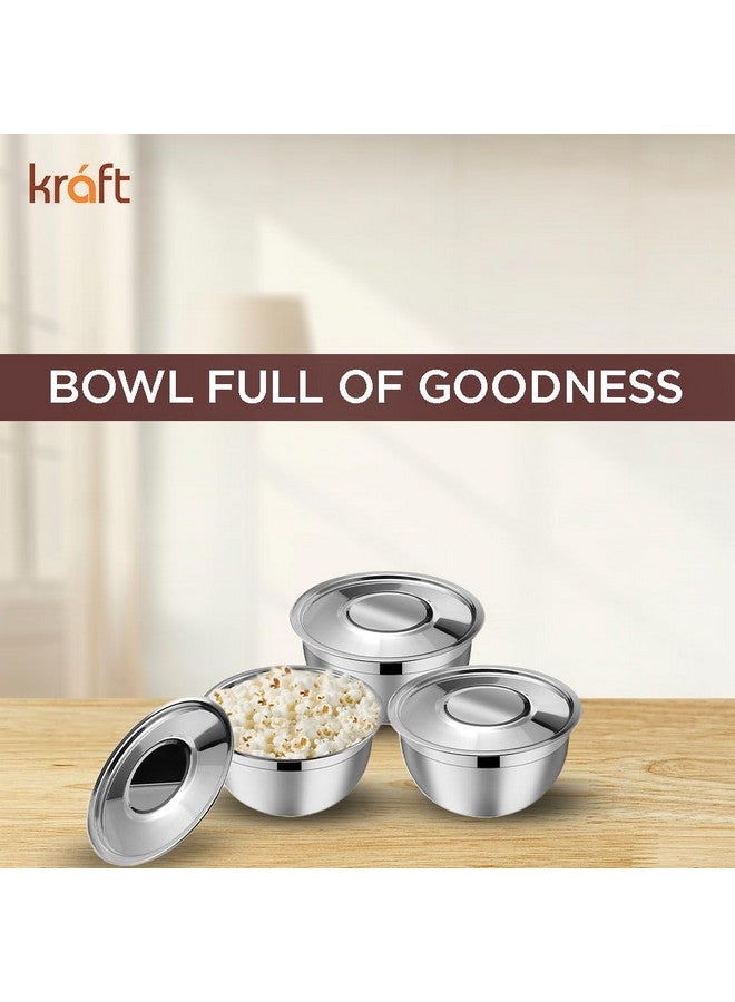 Kraft- follow your imagination Kraft Stainless Steel Serving Bowl with Lid Set of 3 pcs - 18cm | Mixing Steel Big Bowl | Salad, Rice, Desert, Bowl Set | Matt Finish, Food Grade | 2 Year Warranty - Silver - Image 4
