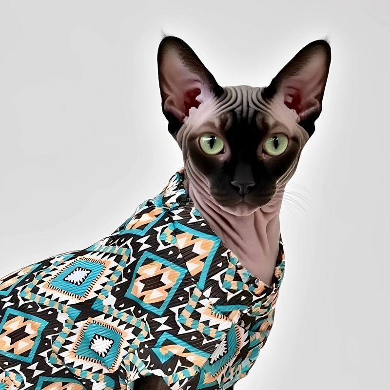 ملابس القطط ذات اللون الأزرق القابلة للتنفس لقطط أبو الهول (Sphynx Cat)، بأربعة أرجل، على الطراز البوهيمي، مصنوعة من القماش الحريري البارد المصنوع من ألياف الآيس. - Image 5