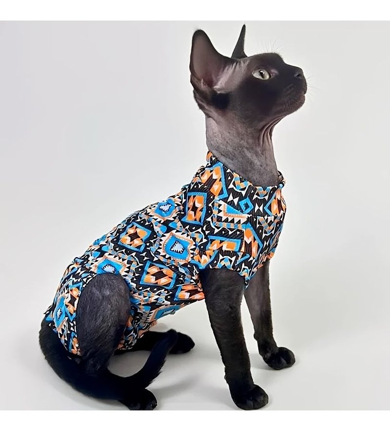 ملابس القطط ذات اللون الأزرق القابلة للتنفس لقطط أبو الهول (Sphynx Cat)، بأربعة أرجل، على الطراز البوهيمي، مصنوعة من القماش الحريري البارد المصنوع من ألياف الآيس. - Image 4