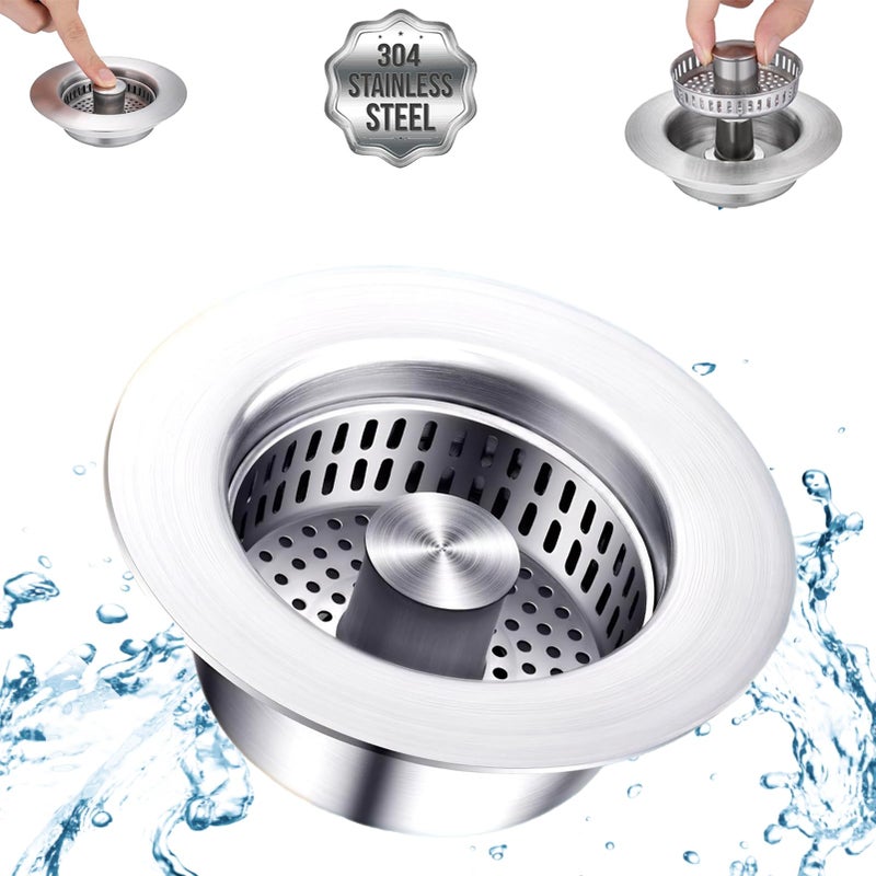 SELLO 3 in 1 Kitchen Sink Drain Strainer 304 Stainless Steel PopUp Sink Stopper with Filter Basket AntiClogging Sink Drain Strainer for 312Drain Hole of US Standard Kitchen Drain