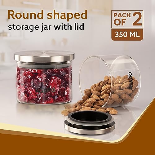 AGARO Elite Borosilicate Glass Jar 350 ml, Round Shaped, Steel Lid, Microwave, Oven & Freezer Safe, Storage Glass Container, Transparent, Kitchen Organiser, Multipurpose Jar, Pack of 2. - Image 2