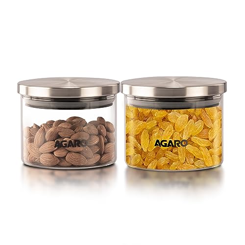 AGARO Elite Borosilicate Glass Jar 350 ml, Round Shaped, Steel Lid, Microwave, Oven & Freezer Safe, Storage Glass Container, Transparent, Kitchen Organiser, Multipurpose Jar, Pack of 2. - Image 1