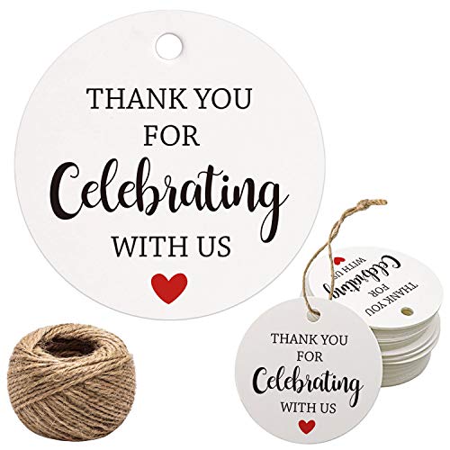 Mr.Mug Thank You for Celebrating with Us Tags, 100Pcs White Thank You Tags for Wedding Birthday Baby Shower Party Favors, Paper Gift Tags with 100 Feet Jute String - Image 1