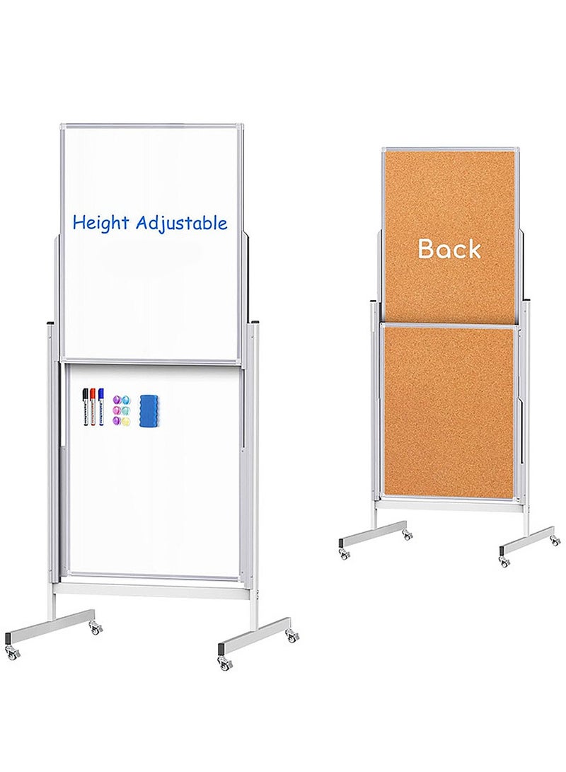 كيدلي مزدوج الجانب جوال لوحة بيضاء مع كورك كيدلي المجلس, قابل للتعديل الارتفاع المتداول الجاف مسح المجلس على عجلات, الثقيلة المغناطيسية الوقوف لوحة بيضاء للمكتب, الفصول الدراسية, المعلم, المنزل, الأطفال - Image 1