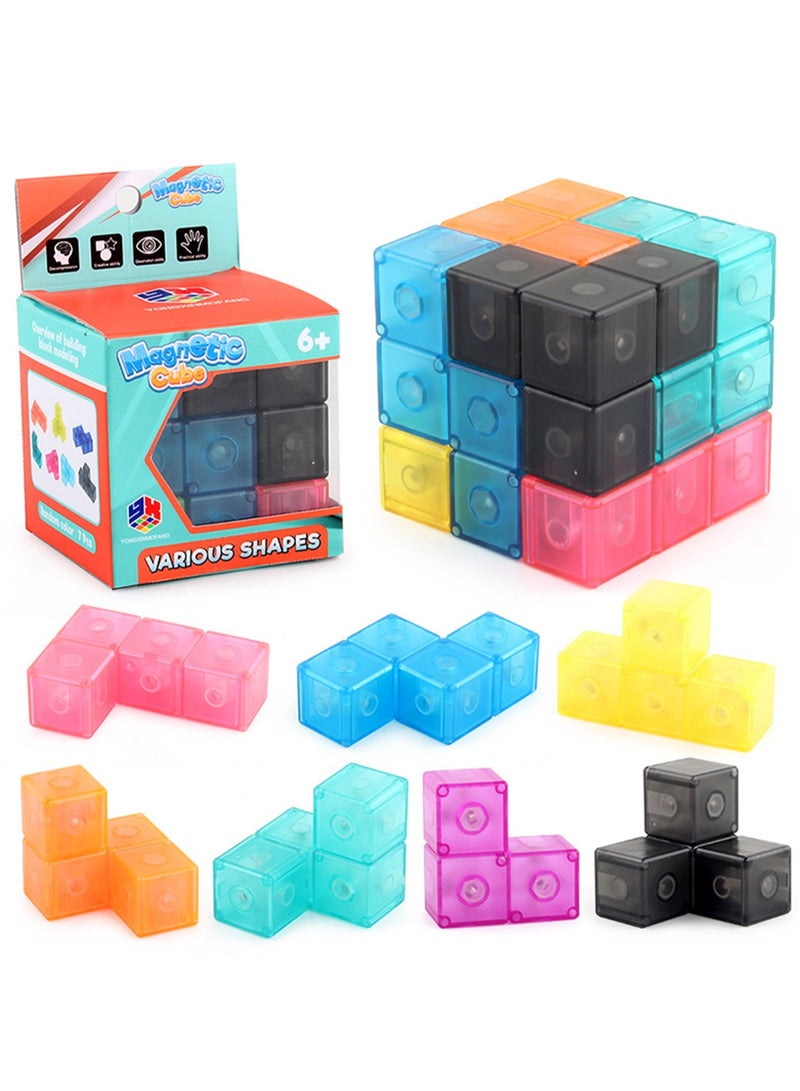 Educational toys 6cm magnetic building block Rubik's cube Russian cube Luban Rubik's cube three-order DIY Rubik's cube wooden block color random (B168-700 transparent magnetic building block Rubik's - Image 1