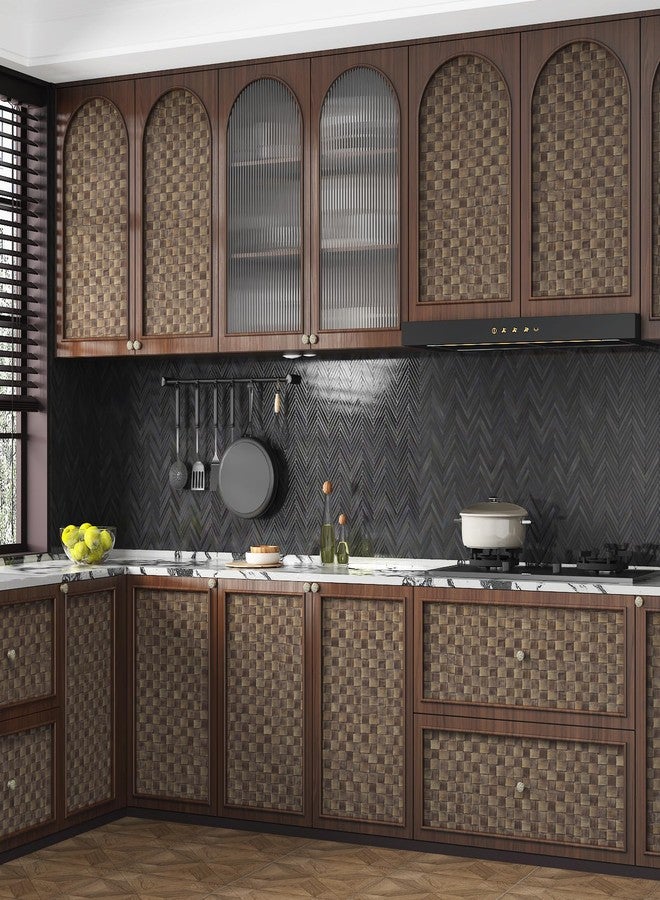 Wallercity ورق حائط من الفينيل غير المنسوج بنمط سلة من الخيزران بلون بني غامق من Wallercity، قابل للتقشير واللصق، مناسب لأسطح العمل والخزائن، مقاس 15.8 × 118 بوصة، لفة ورق حائط من الفينيل ذاتية اللصق من نسيج قصب للمطبخ والحمام - Image 3