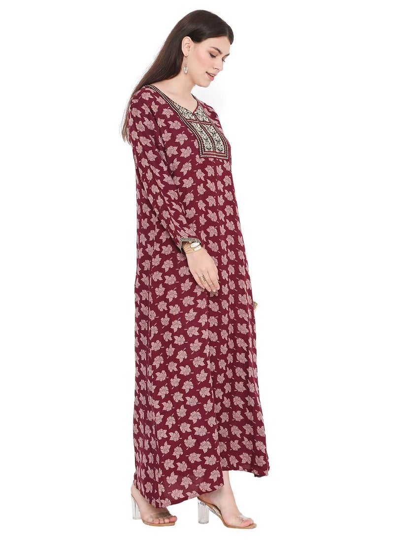 HANA & SARA - LONG MODEST PRINTED WITH EMBROIDERY ARABIC KAFTAN JALABIYA DRESSES - Image 1
