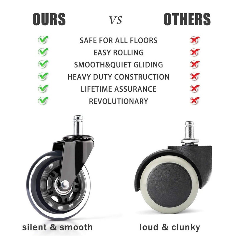 Aakarit New 3 Office Chair Caster Wheels 38 Pin Rollerblade Heavy Duty Soft PU Rubber Safe for Hardwood Carpet Floors 5 Set - Image 3