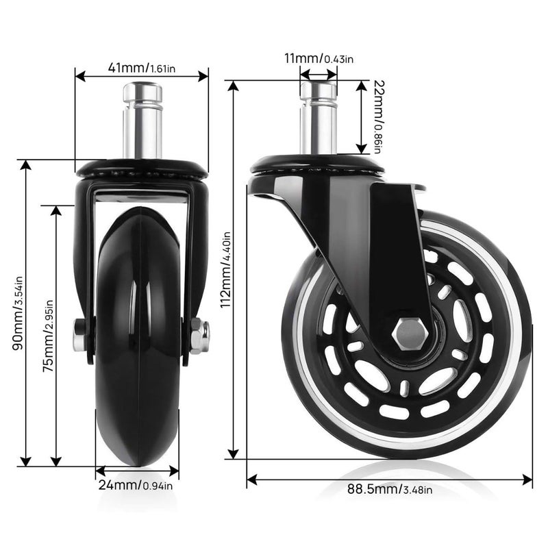 Aakarit New 3 Office Chair Caster Wheels 38 Pin Rollerblade Heavy Duty Soft PU Rubber Safe for Hardwood Carpet Floors 5 Set - Image 2