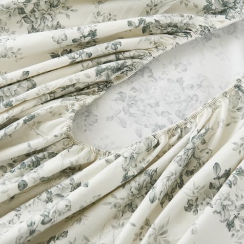 DAUAOTO 100% Cotton Bedding Printed Sheets Set for Queen Size Bed Up to 14" Deep Mattress, Toile Rose Floral Pattern Bedlinen Sets, Gray - Image 4