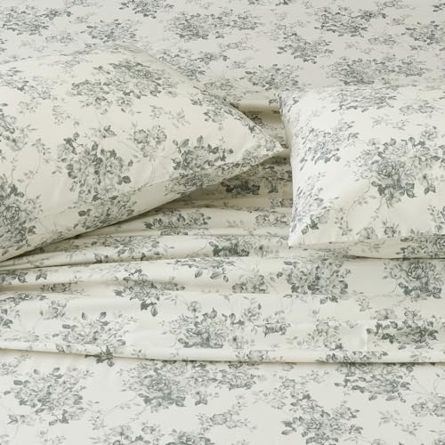 DAUAOTO 100% Cotton Bedding Printed Sheets Set for Queen Size Bed Up to 14" Deep Mattress, Toile Rose Floral Pattern Bedlinen Sets, Gray - Image 1
