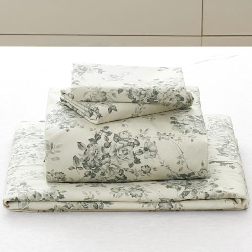 DAUAOTO 100% Cotton Bedding Printed Sheets Set for Queen Size Bed Up to 14" Deep Mattress, Toile Rose Floral Pattern Bedlinen Sets, Gray - Image 2
