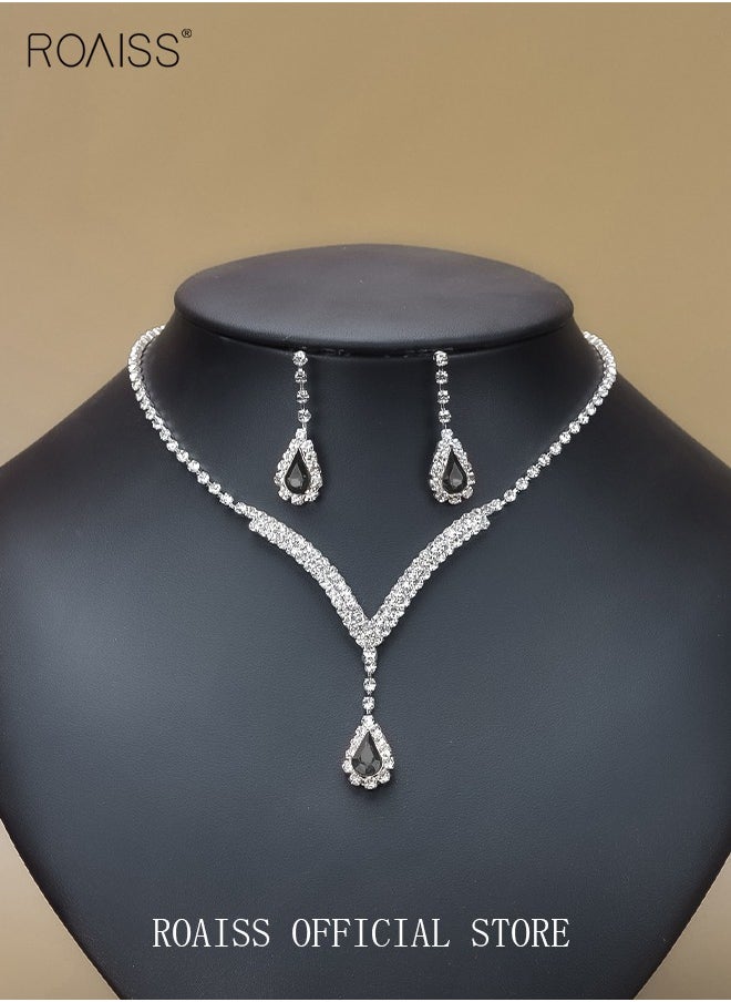 Generic 2-Piece Jewelry Set with Necklace and Earring Full Diamond V Neck Water Drop Pendant Necklace Stud Earrings Set  - Image 1