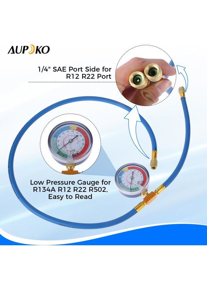 Aupoko A/C R-134A Refrigerant Recharging Hose Kit - with 1/2'' Acme Male 1/4" SAE Female Can Tap Valve, R134A Quick Couple, Low Pressure Gauge and 59'' Recharge Hose - 1 Year Warranty - Image 3
