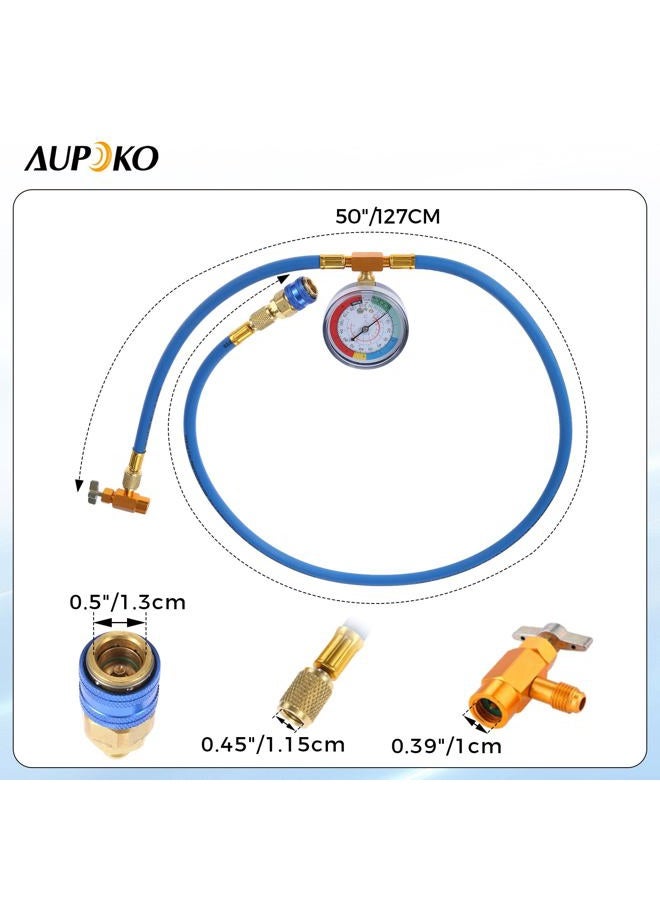 Aupoko A/C R-134A Refrigerant Recharging Hose Kit - with 1/2'' Acme Male 1/4" SAE Female Can Tap Valve, R134A Quick Couple, Low Pressure Gauge and 59'' Recharge Hose - 1 Year Warranty - Image 2