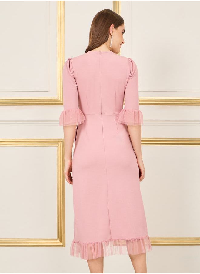 Styli - Embellished Mesh Trim Shift Midi Dress with Pocket Detail - Image 1