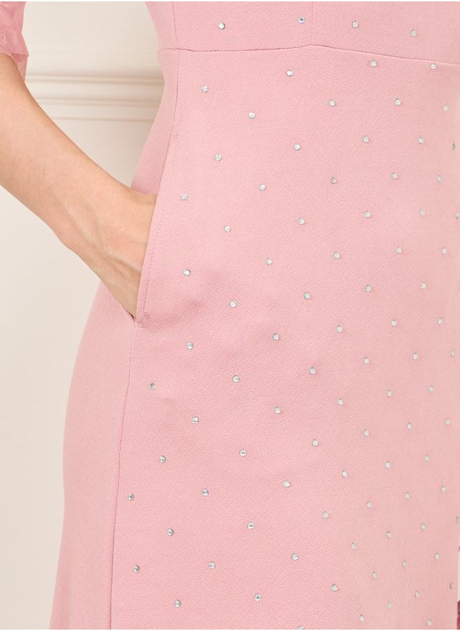 Styli - Embellished Mesh Trim Shift Midi Dress with Pocket Detail - Image 1