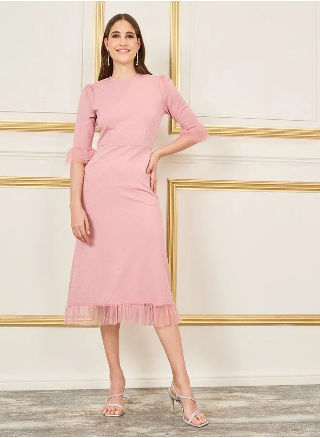 ستايلي Embellished Mesh Trim Shift Midi Dress with Pocket Detail