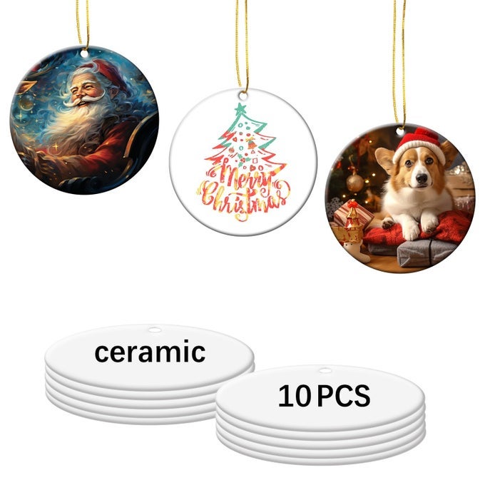 10 PCS SUBLIMATION CERAMIC ORNAMENT BLANK 3 INCH ROUND TWOSIDED PRINTED WHITE CERAMIC DECORATION HANDMADE DIY PERSONALIZED CHRISTMAS HOME DECORATION BULK