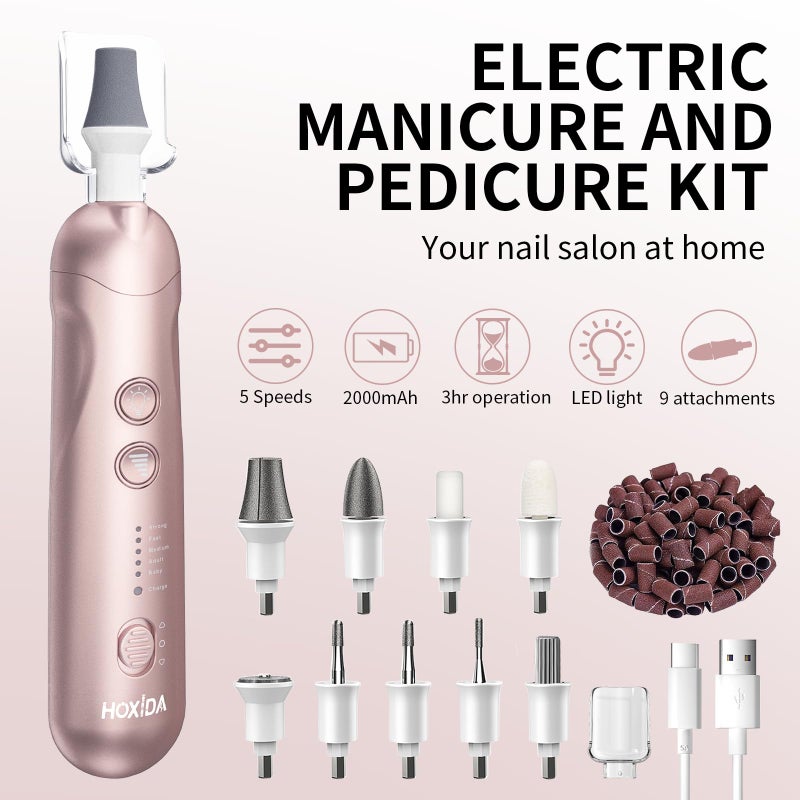 Hoxida Manicure Pedicure Kit with Case, Professional Nail Grinder for Senior Thick Toenail, Cordless Electric Nail File, 5 Speeds Pedicure Tools for feet Callus Remover, Nail Drill for Women Hand Feet Care - Image 2