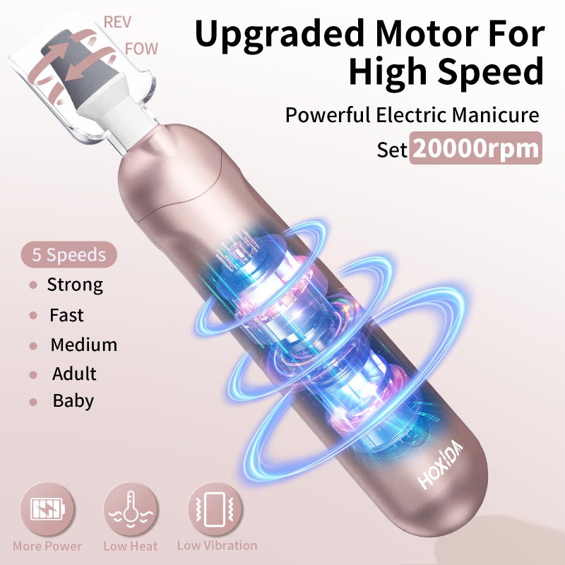 Hoxida Manicure Pedicure Kit with Case, Professional Nail Grinder for Senior Thick Toenail, Cordless Electric Nail File, 5 Speeds Pedicure Tools for feet Callus Remover, Nail Drill for Women Hand Feet Care - Image 3