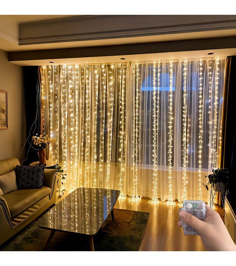 9.8x9.8 Feet 300 LED Curtain Lights Golden Warm Color 8 Functions for Window Hanging Bedroom Wedding Birthday Ramadan Holiday Indoor Wall Decoration - Image 2