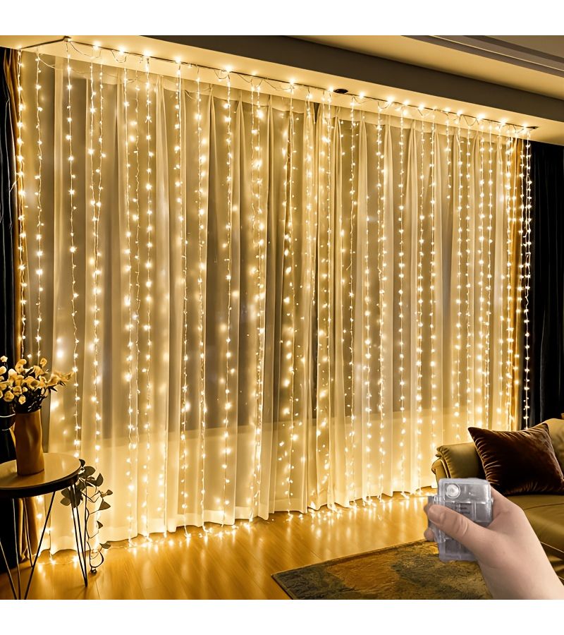 9.8x9.8 Feet 300 LED Curtain Lights Golden Warm Color 8 Functions for Window Hanging Bedroom Wedding Birthday Ramadan Holiday Indoor Wall Decoration - Image 1