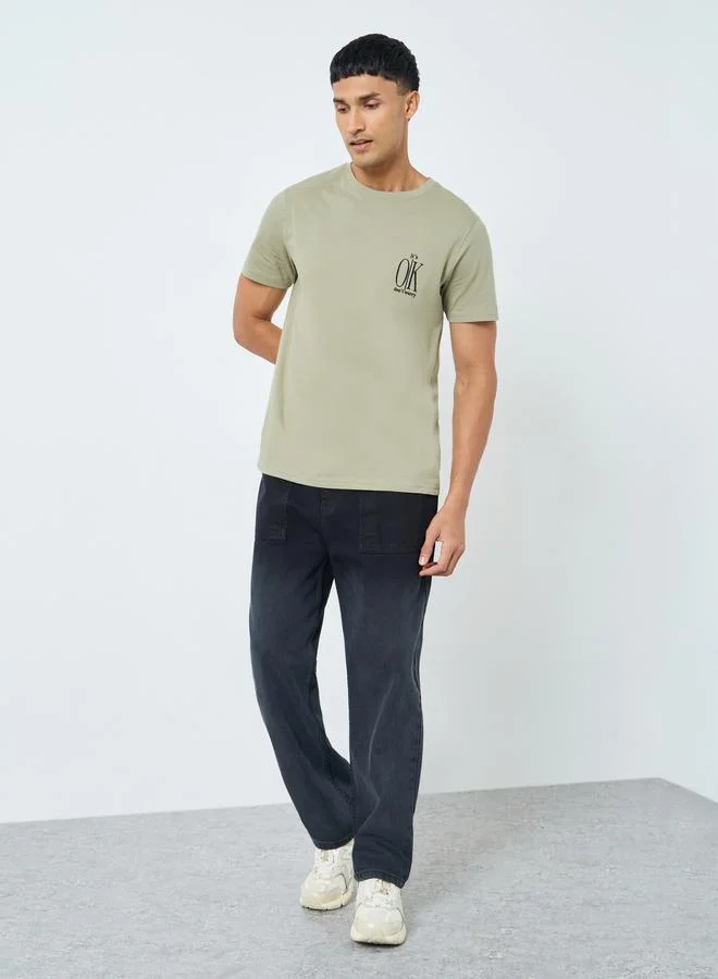 Styli Styli Me Khaki Embroidered Slogan Cotton T-Shirt