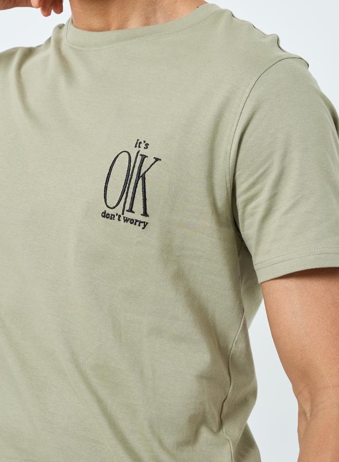 Styli Me Khaki Embroidered Slogan Cotton T-Shirt - Image 3