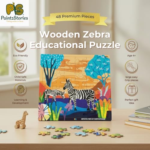 PAINTZSTORIES A Loving Pair of Zebras Wooden Puzzle | 1 Set 48 Pieces Jigsaw Puzzle | Educational Puzzle for Cognitive & Motor Skills Development | Birthday Gift for Kids | 4+ Years | Size 9 * 9 Inch - Image 2
