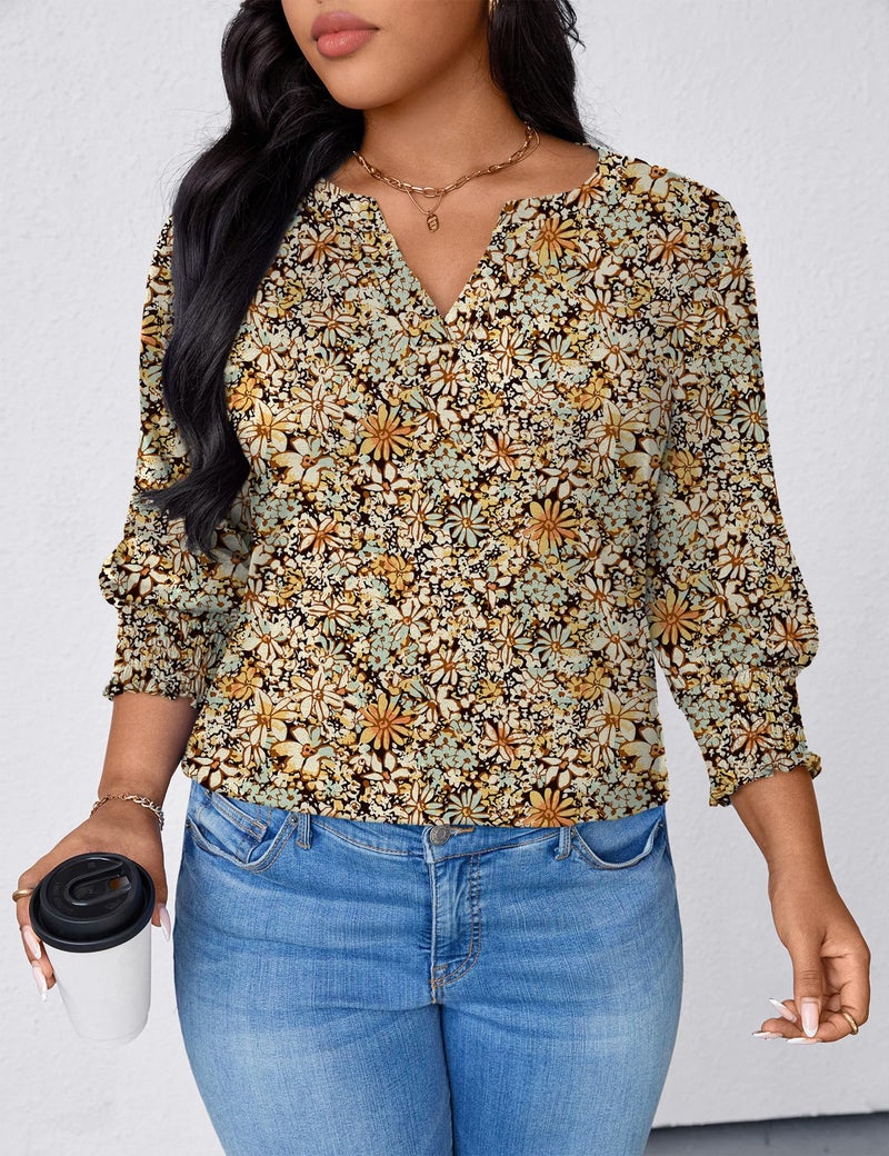 TFSDOD Plus Size Womens Clothing Womens Tops Casual 3/4 Sleeve Blouses Trendy V Neck Tops for Women Beach Vacation Clothes Yellow Blue Floral 3X - Image 5
