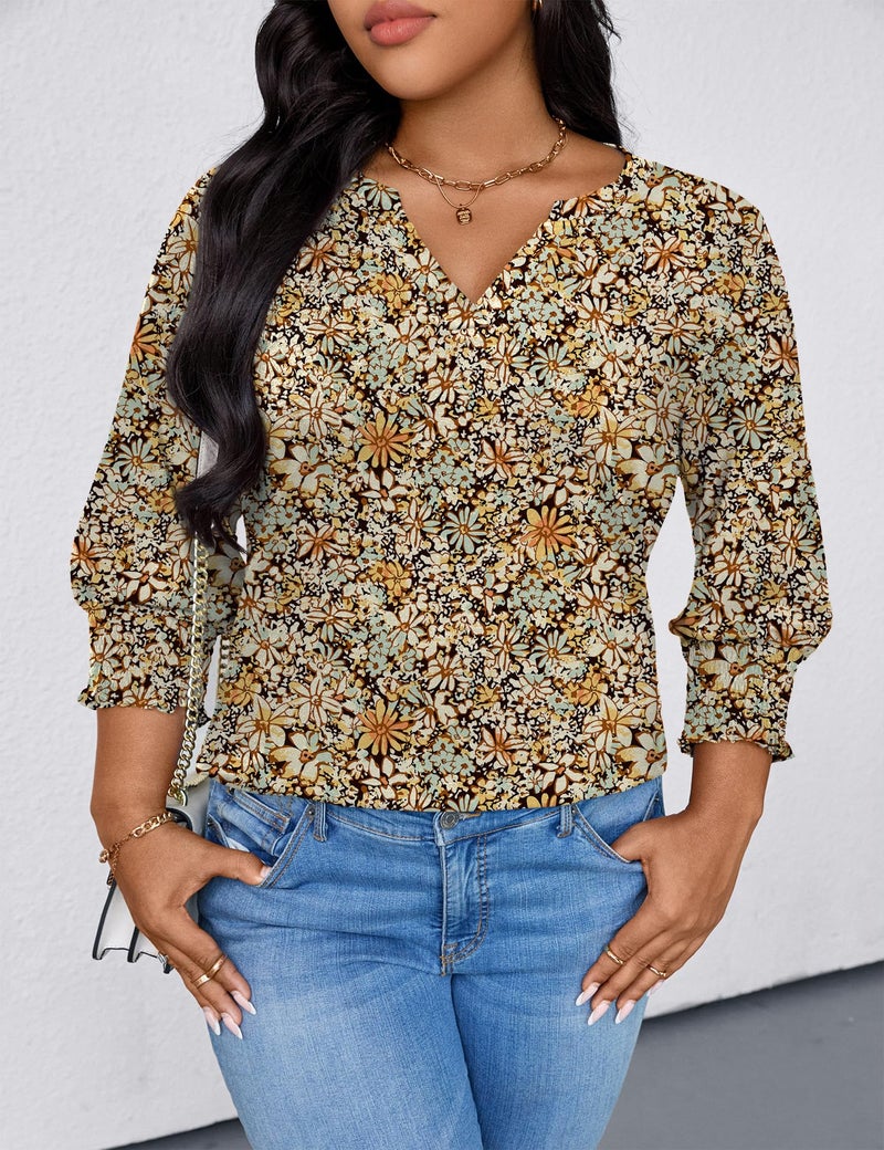 TFSDOD Plus Size Womens Clothing Womens Tops Casual 3/4 Sleeve Blouses Trendy V Neck Tops for Women Beach Vacation Clothes Yellow Blue Floral 3X - Image 4