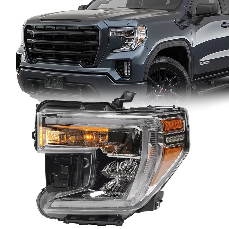 FIONE For GMC Sierra 1500 Headlight Assembly 2019 2020 2021 Replacement LED Type with halogen turn signal light Chrome Interior Headlamps Left Driver Side 84621804 84772473 GM2502495 LH