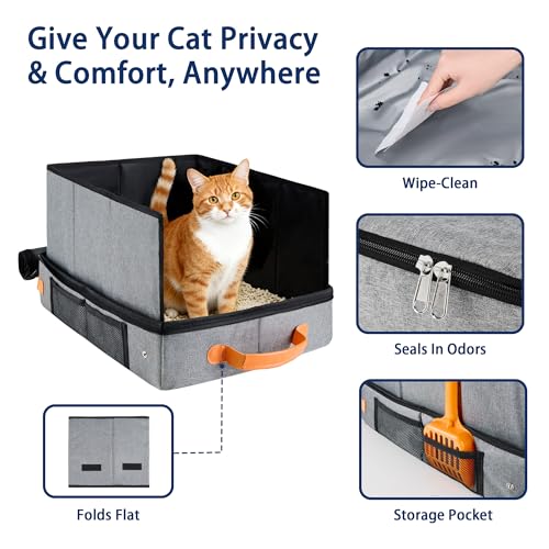 MORAIS Portable Travel Litter Box for Cats, 17.7"×13.5"×11" Collapsible Cat Litter Box with Lid, Leak-Proof Cat Litter Pan for Car Hotel Airplane, Waterproof & Easy to Carry- Gray - Image 4