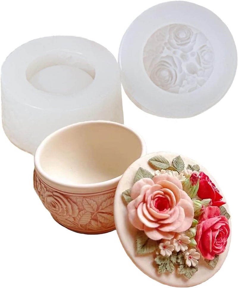 FirstTry Storage Box Resin Mold I 3D Round Flower Shape Silicone Epoxy Casting Mould with Lid I Succulent Concrete Molds for DIY Handmade Jewelry Ring Trinket Makeup Organizer Flower Pot Candle Jar - Image 1