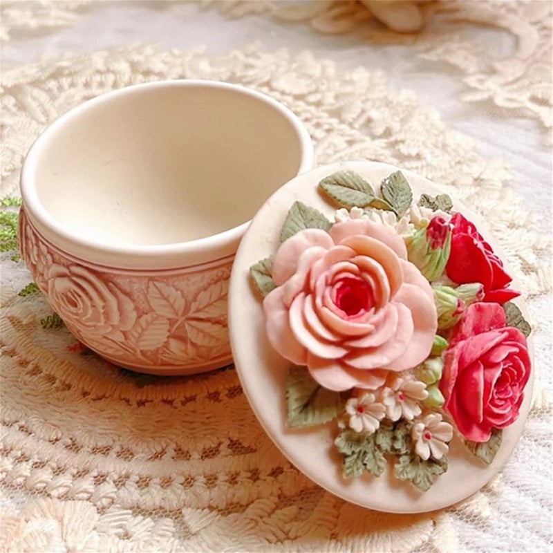 FirstTry Storage Box Resin Mold I 3D Round Flower Shape Silicone Epoxy Casting Mould with Lid I Succulent Concrete Molds for DIY Handmade Jewelry Ring Trinket Makeup Organizer Flower Pot Candle Jar - Image 4
