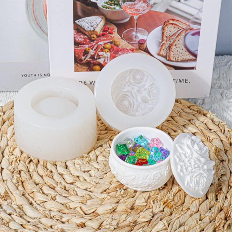 FirstTry Storage Box Resin Mold I 3D Round Flower Shape Silicone Epoxy Casting Mould with Lid I Succulent Concrete Molds for DIY Handmade Jewelry Ring Trinket Makeup Organizer Flower Pot Candle Jar - Image 3
