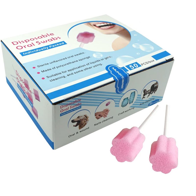 MUNKCARE Disposable Oral Swab Mouth Cleaning Sponge Swabsticks Singeuse Plum Blossom Shaped Untreated Unflavored box of 50 counts