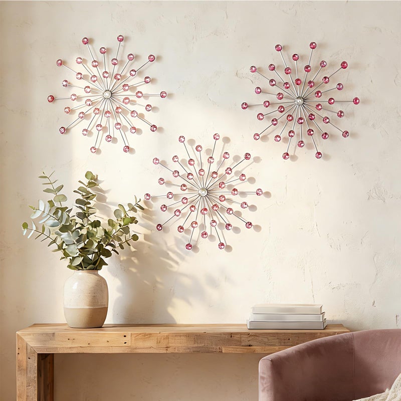 ZEXUIRU 3 Set Silver Starburst Wall Art for Home Decor Metal Bling Crystal Rhinestones Sunburst Wall Decor Sparkling Rhinestone Art Accent Silver 13in - Image 2