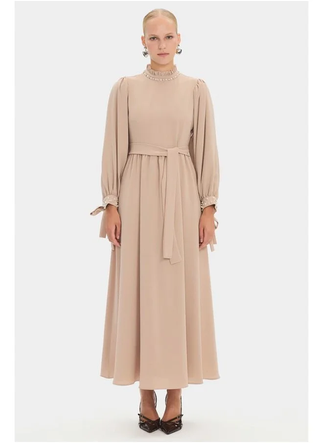 جون June Women High Neck Stone Detailed Balloon Sleeve Maxi Dress Stone